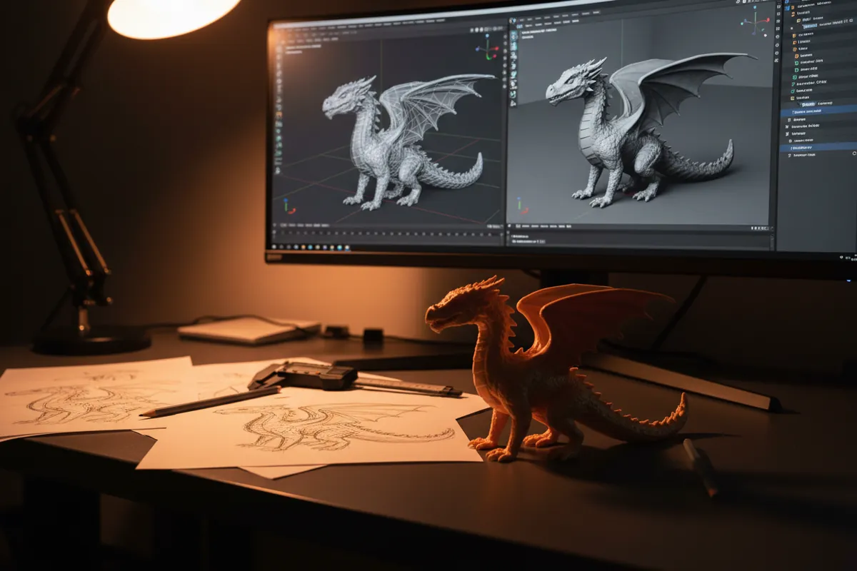 Arbeitsplatz eines Designers: Bildschirm mit dem 3D-Modell eines Drachen, davor der gedruckte orange Drache, Skizzen und eine Schieblehre