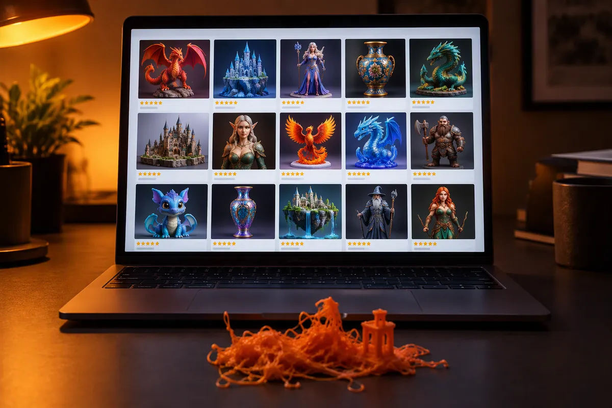 Laptop mit einer Modell-Plattform voller makelloser KI-Renders, davor auf dem Tisch ein misslungener oranger Druck als Fadensalat (KI-generiertes Symbolbild)
